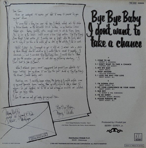 Mary Wells : Bye Bye Baby (LP, Album, RE)