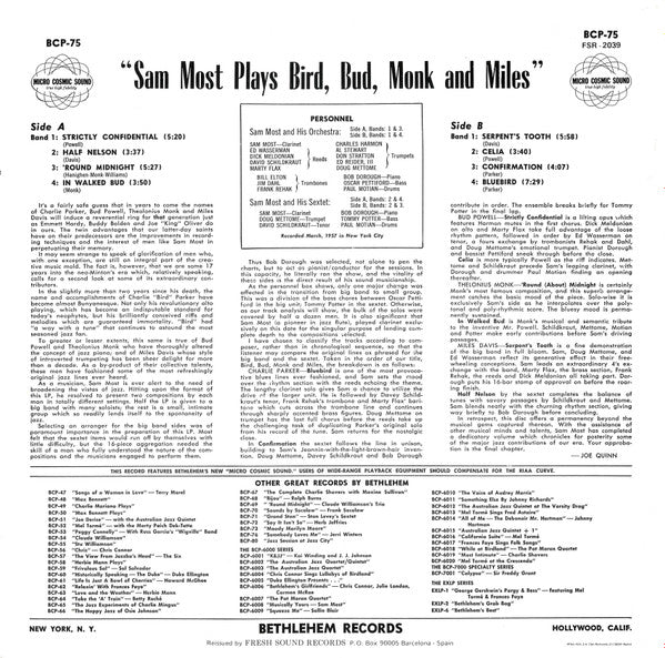 Sam Most : Plays Bird, Bud, Monk And Miles (LP, Mono, RE)