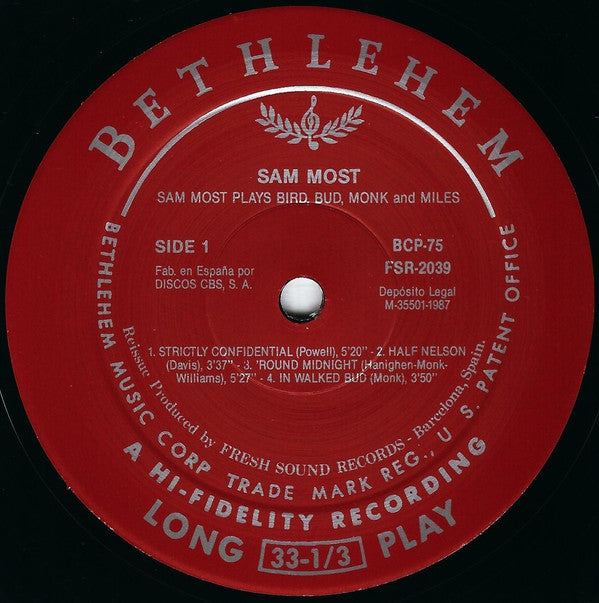 Sam Most : Plays Bird, Bud, Monk And Miles (LP, Mono, RE)