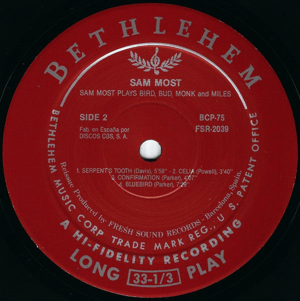 Sam Most : Plays Bird, Bud, Monk And Miles (LP, Mono, RE)