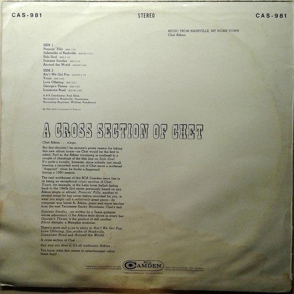 Chet Atkins : Music From Nashville My Home Town (LP, Album)