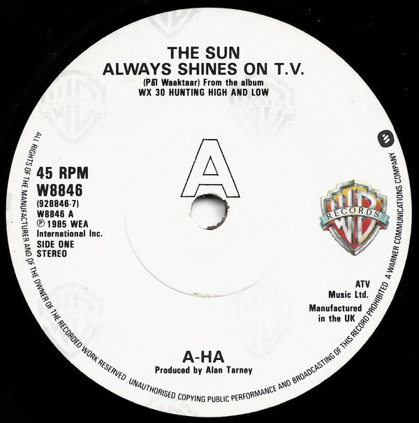 a-ha : The Sun Always Shines On T.V. (7", Single, Pap)