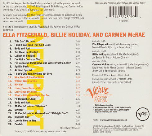 Ella Fitzgerald, Billie Holiday And Carmen McRae : At Newport (CD, Album, RE, RM, Dig)