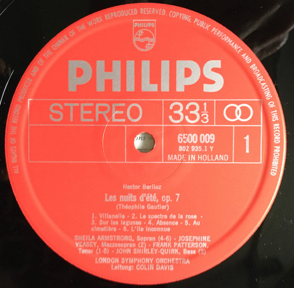 Hector Berlioz, Sheila Armstrong / Josephine Veasey / Frank Patterson / John Shirley-Quirk, London Symphony Orchestra, Sir Colin Davis : Complete Songs With Orchestra Including „Les Nuits D’Été” (LP)