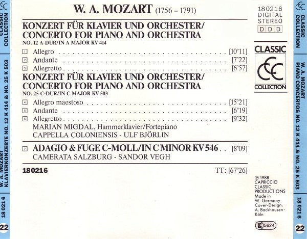 Wolfgang Amadeus Mozart : Klavierkonzerte No.12 K 414 & No.25 K 503 (CD)