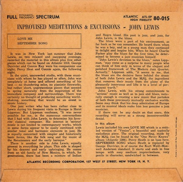 John Lewis (2) : Improvised Meditations & Excursions (7", EP)