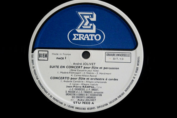André Jolivet / Jean-Pierre Rampal : Suite En Concert Pour Flûte & Percussion / Six Incantations Pour Flûte Seule / Concerto Pour Flûte & Orchestra À Cordes (LP)