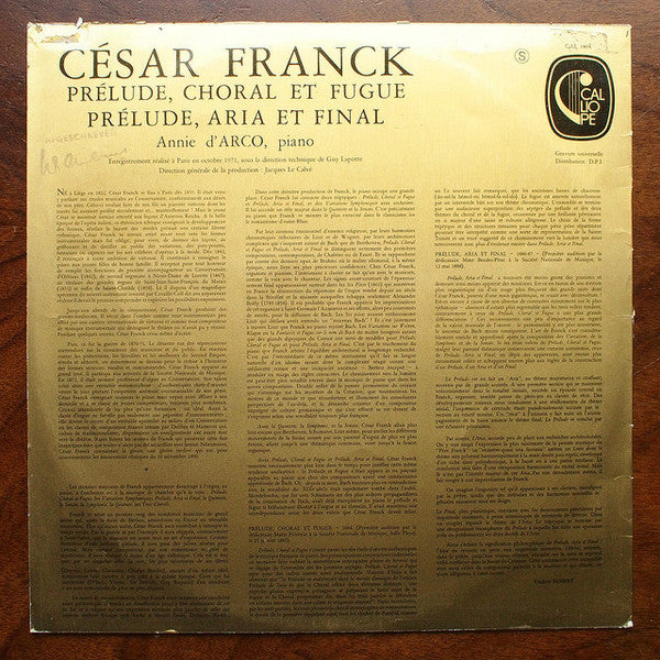 César Franck - Annie D'Arco : Prélude, Choral Et Fugue / Prélude, Aria Et Final (LP)