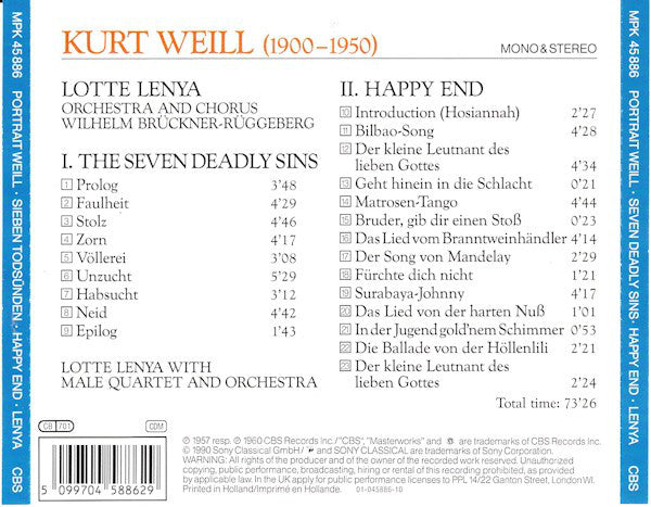 Lotte Lenya, Kurt Weill : Die Sieben Todsünden (The Seven Deadly Sins, Les Sept Peches Capitaux) / Happy End (CD, Comp, Mono, RM)