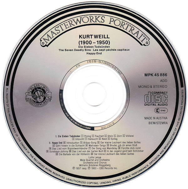 Lotte Lenya, Kurt Weill : Die Sieben Todsünden (The Seven Deadly Sins, Les Sept Peches Capitaux) / Happy End (CD, Comp, Mono, RM)