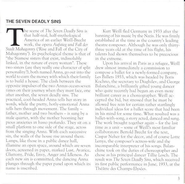 Lotte Lenya, Kurt Weill : Die Sieben Todsünden (The Seven Deadly Sins, Les Sept Peches Capitaux) / Happy End (CD, Comp, Mono, RM)