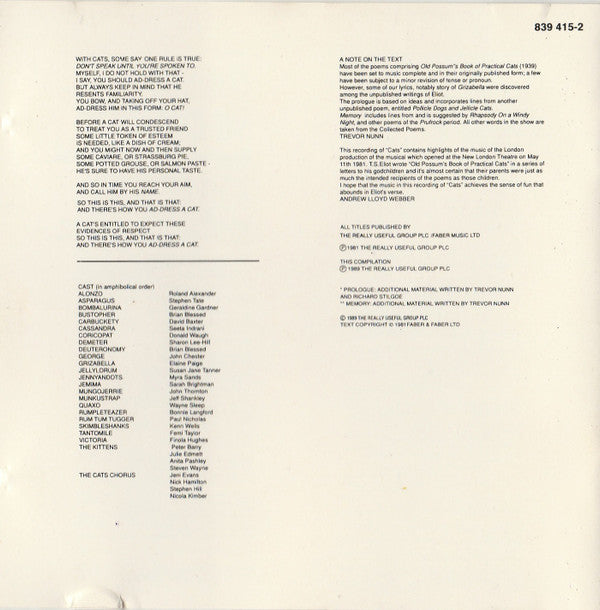 Andrew Lloyd Webber : Highlights From Cats (CD, Album)