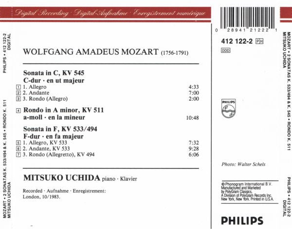 Wolfgang Amadeus Mozart, Mitsuko Uchida : 2 Sonatas = 2 Sonaten KV 533/494 & KV 545 • Rondo KV 511 (CD)
