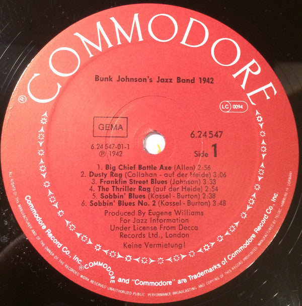 Bunk Johnson And His New Orleans Band : —1942— Old New Orleans Jazz (LP, Album, Mono)
