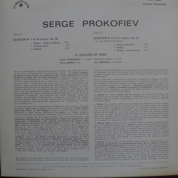 Sergei Prokofiev, Quatuor De Paris : Luben Yordanoff, Jean-Louis Ollu, Davia Binder, Guy Besnard : Les Quatuors À Cordes No. 1 En Si Mineur, Op. 50 / No. 2 En Fa Majeur, Op. 92 "Sur Des Thèmes Kabardines" (LP, Gat)