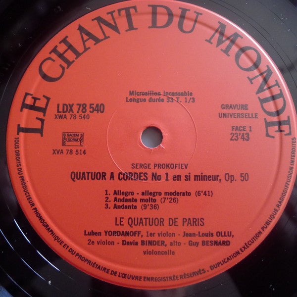 Sergei Prokofiev, Quatuor De Paris : Luben Yordanoff, Jean-Louis Ollu, Davia Binder, Guy Besnard : Les Quatuors À Cordes No. 1 En Si Mineur, Op. 50 / No. 2 En Fa Majeur, Op. 92 "Sur Des Thèmes Kabardines" (LP, Gat)