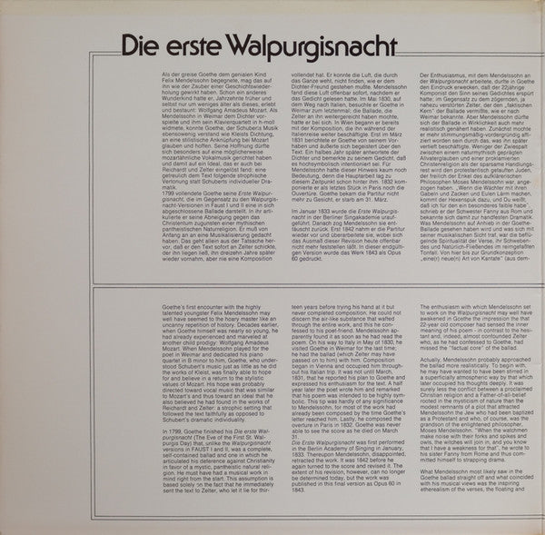 Felix Mendelssohn-Bartholdy – Annelies Burmeister, Eberhard Büchner, Siegfried Lorenz, Rundfunkchor Leipzig / Edda Moser, Gewandhausorchester Leipzig · Kurt Masur : Die Erste Walpurgisnacht / Konzertarie „Infelice“ (LP)