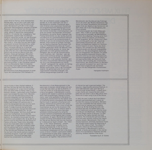Felix Mendelssohn-Bartholdy – Annelies Burmeister, Eberhard Büchner, Siegfried Lorenz, Rundfunkchor Leipzig / Edda Moser, Gewandhausorchester Leipzig · Kurt Masur : Die Erste Walpurgisnacht / Konzertarie „Infelice“ (LP)