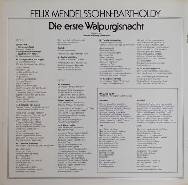 Felix Mendelssohn-Bartholdy – Annelies Burmeister, Eberhard Büchner, Siegfried Lorenz, Rundfunkchor Leipzig / Edda Moser, Gewandhausorchester Leipzig · Kurt Masur : Die Erste Walpurgisnacht / Konzertarie „Infelice“ (LP)