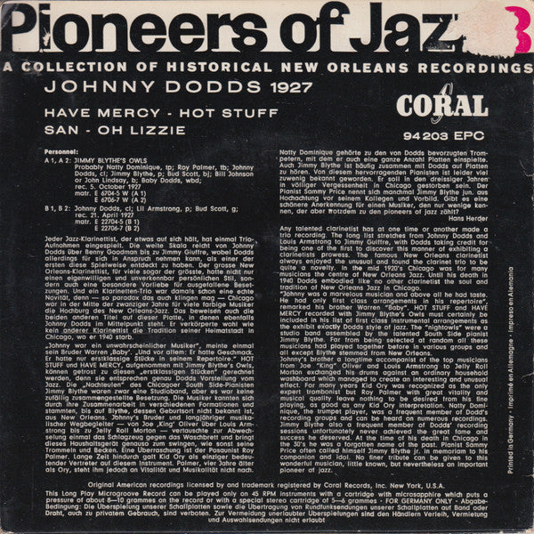 Johnny Dodds : Johnny Dodds 1927 (7", EP, Comp)