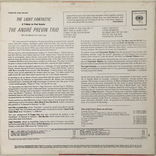 The André Previn Trio With Red Mitchell And Frankie Capp* : The Light Fantastic, A Tribute To Fred Astaire (LP, Album, Mono)