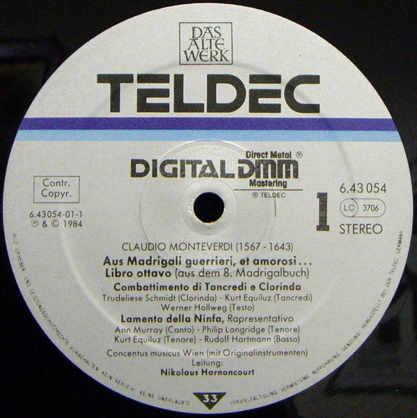 Claudio Monteverdi, Ann Murray • Trudeliese Schmidt • Felicity Palmer • Janet Perry • Werner Hollweg • Philip Langridge • Kurt Equiluz, Concentus Musicus Wien, Nikolaus Harnoncourt : Il Combattimento • Lamento Della Ninfa • Madrigali (LP)