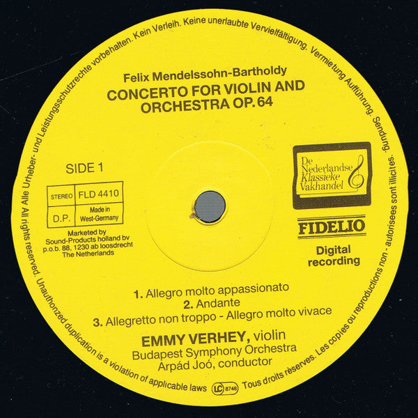 Emmy Verhey, Felix Mendelssohn-Bartholdy, Pyotr Ilyich Tchaikovsky, Budapest Symphony Orchestra, Arpad Joo : Mendelssohn-Tchaikovsky Violin Concertos (LP, Gat)