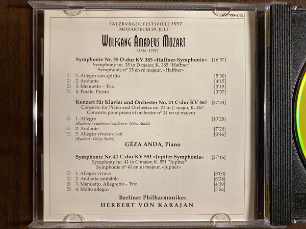 Wolfgang Amadeus Mozart – Berliner Philharmoniker, Géza Anda, Herbert von Karajan : Klavierkonzert No. 21 • Symphonien Nos. 35 'Haffner' & 41 'Jupiter' (CD, Mono)