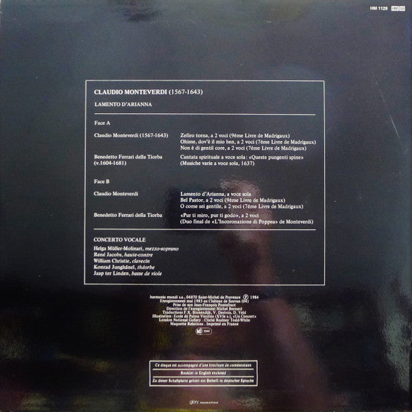 Claudio Monteverdi - Concerto Vocale, Helga Müller-Molinari, René Jacobs, William Christie, Konrad Junghänel, Jaap ter Linden : Lamento D'Arianna (LP)