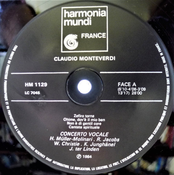 Claudio Monteverdi - Concerto Vocale, Helga Müller-Molinari, René Jacobs, William Christie, Konrad Junghänel, Jaap ter Linden : Lamento D'Arianna (LP)