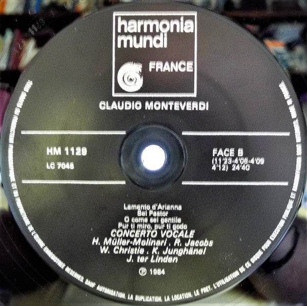 Claudio Monteverdi - Concerto Vocale, Helga Müller-Molinari, René Jacobs, William Christie, Konrad Junghänel, Jaap ter Linden : Lamento D'Arianna (LP)