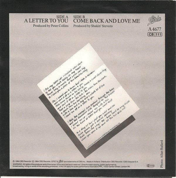 Shakin' Stevens : A Letter To You (7", Single)
