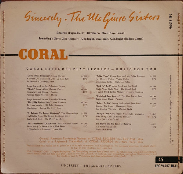 McGuire Sisters : Sincerely (7", EP)