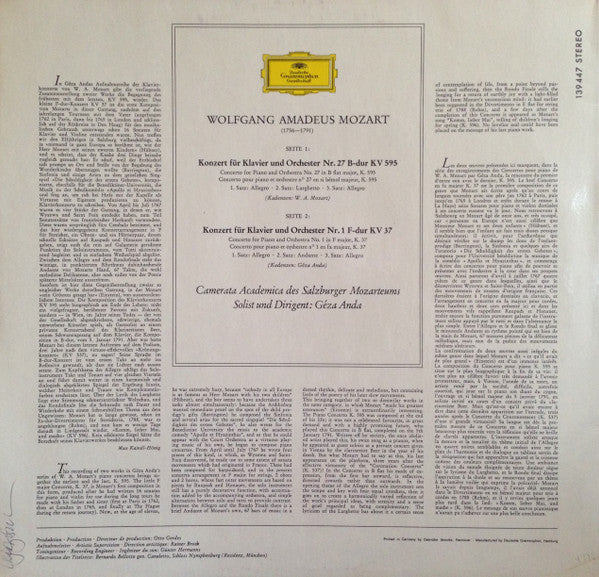 Wolfgang Amadeus Mozart -  Camerata Academica Salzburg ∙ Géza Anda : Klavierkonzerte (B-dur KV 595 ∙ F-dur KV 37) (LP)