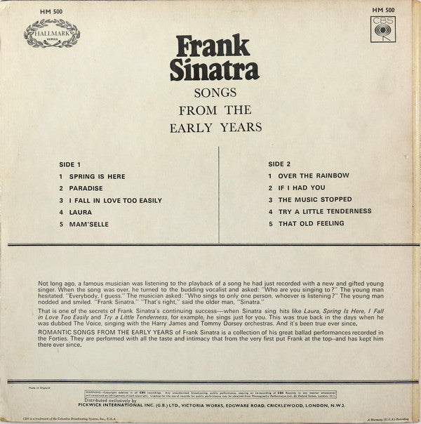 Frank Sinatra : Romantic Songs From The Early Years (LP, Comp)
