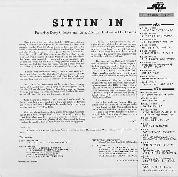 Dizzy Gillespie, Stan Getz, Coleman Hawkins And Paul Gonsalves : Sittin' In (LP, Album, Mono, RE)