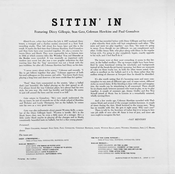 Dizzy Gillespie, Stan Getz, Coleman Hawkins And Paul Gonsalves : Sittin' In (LP, Album, Mono, RE)