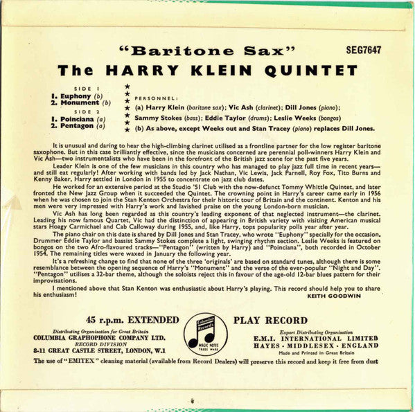 Harry Klein (2) : Baritone Sax (7", EP, Mono)