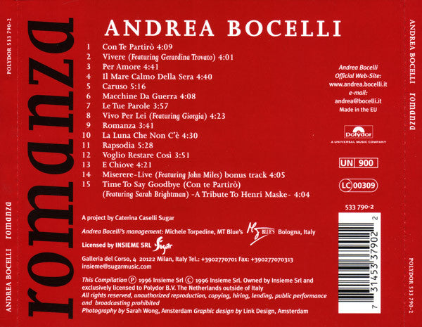Andrea Bocelli : Romanza (CD, Album, Comp, RE)