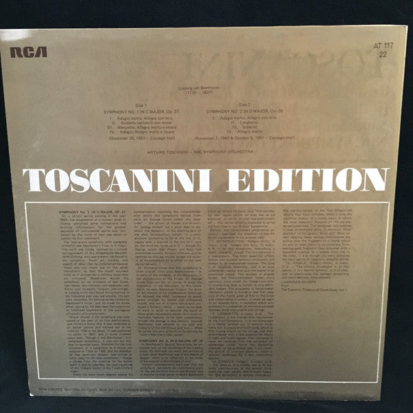 Ludwig van Beethoven, Arturo Toscanini, NBC Symphony Orchestra : Symphony No. 1 In C Major; Symphony No. 2 In D Major (LP, Mono)