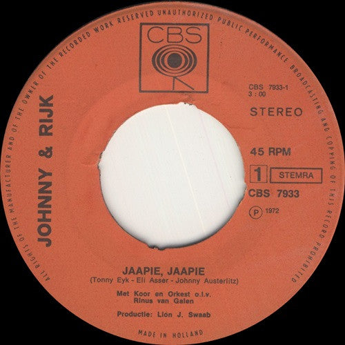 Johnny & Rijk : Jaapie, Jaapie (7", Single)