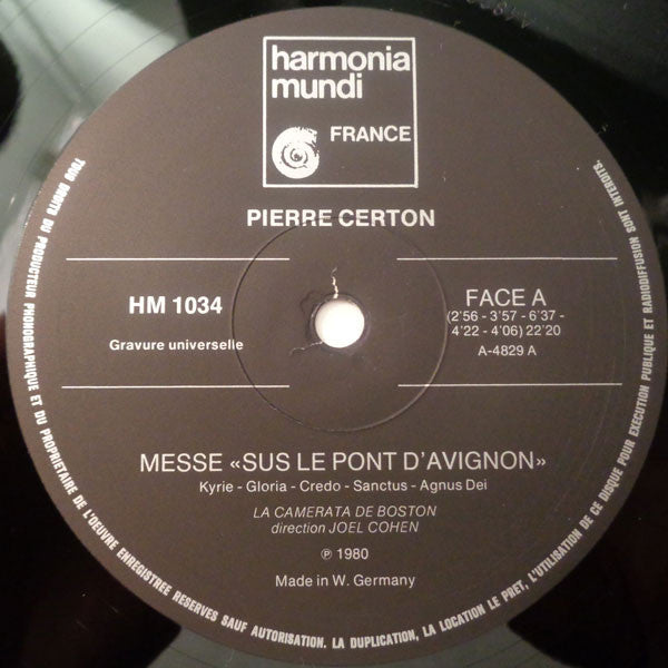 Pierre Certon - The Boston Camerata* / Joel Cohen (3) : Chansons / Messe «Sus Le Pont D'Avignon» (LP, Gat)