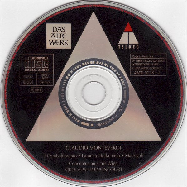 Claudio Monteverdi – Ann Murray • Trudeliese Schmidt • Felicity Palmer • Janet Perry • Werner Hollweg • Philip Langridge • Kurt Equiluz – Concentus Musicus Wien / Nikolaus Harnoncourt : Il Combattimento • Lamento Della Ninfa • Madrigali (CD, Album, RE)
