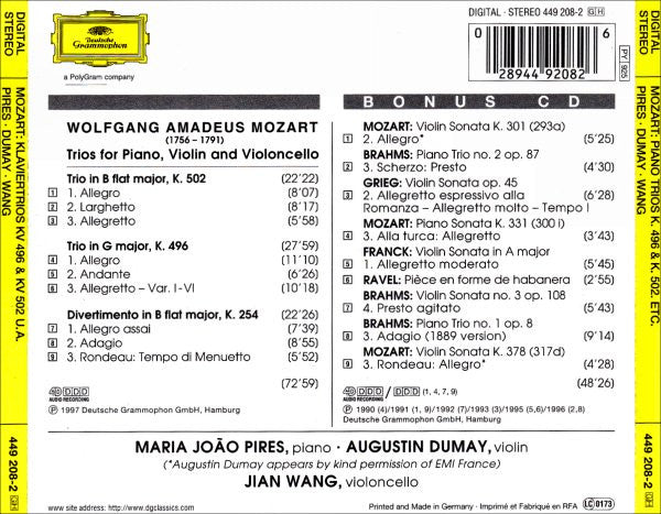 Wolfgang Amadeus Mozart - Maria-João Pires • Augustin Dumay • Jian Wang : Piano Trios K. 496 & K. 502 (CD, Album + CD, Smplr, Bon)