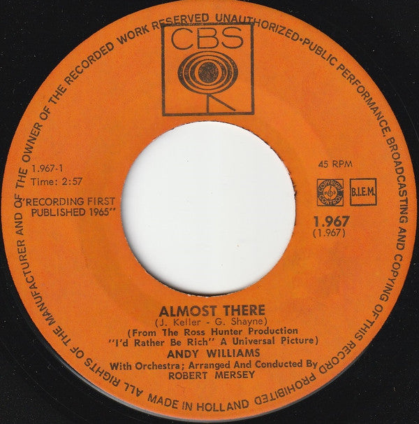 Andy Williams : Almost There / Who Can I Turn To (7", Single)