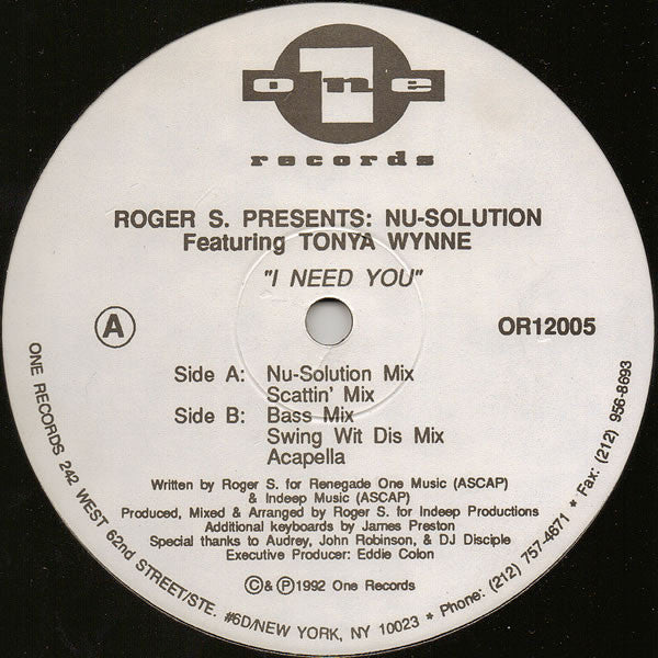Roger Sanchez Presents Nu-Solution Featuring Tonya Wynne : I Need You (12")