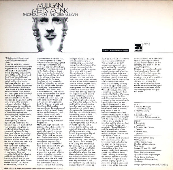 Thelonious Monk And Gerry Mulligan : Mulligan Meets Monk (LP, Album, RE)