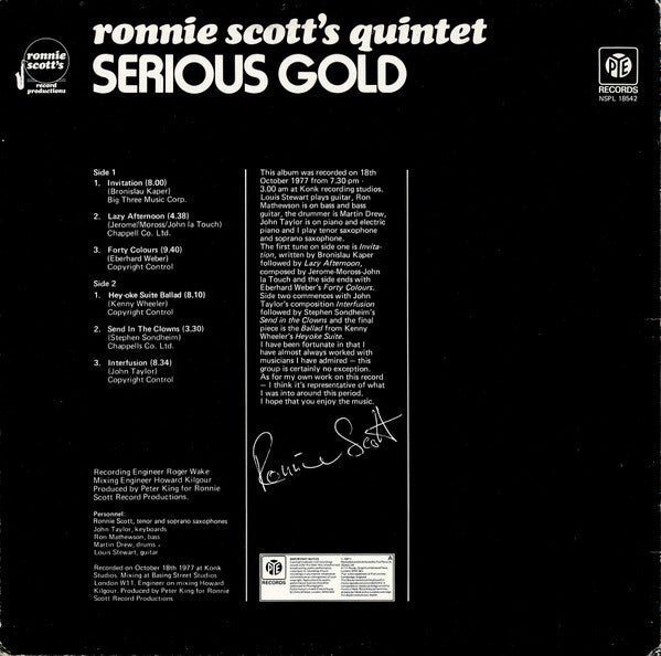 Ronnie Scott's Quintet : Serious Gold (LP, Album)