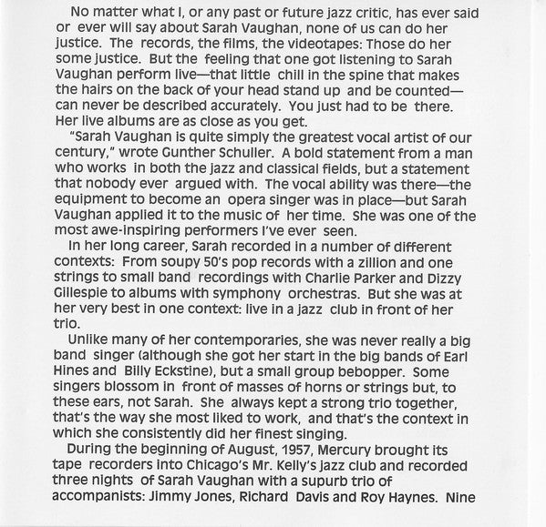 Sarah Vaughan And Her Trio : Sarah Vaughan At Mister Kelly's (CD, Album, RE, RM)