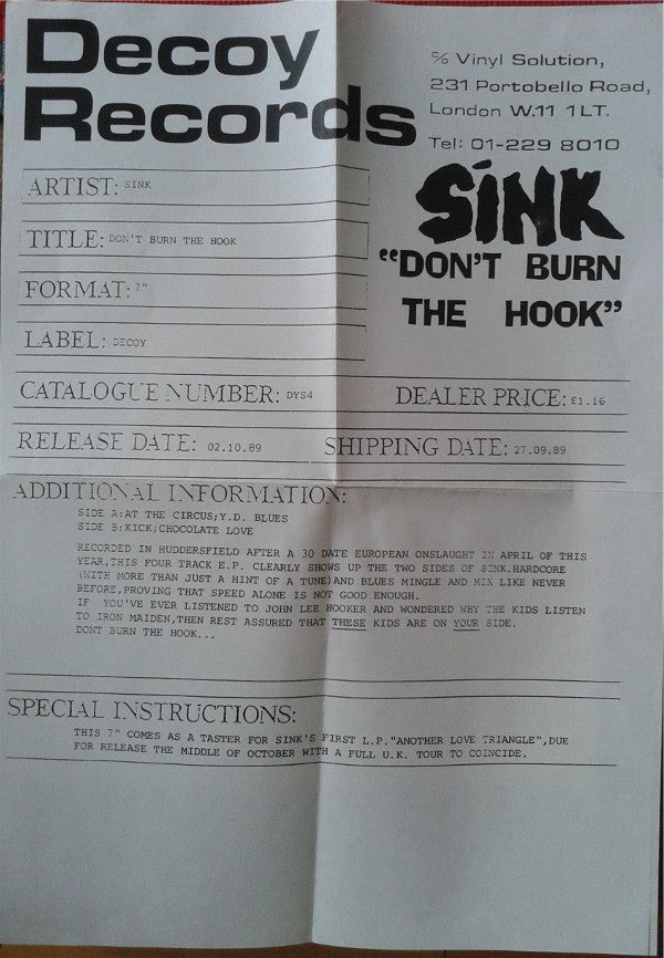 Sink (4) : Don't Burn The Hook (7", EP, TP)